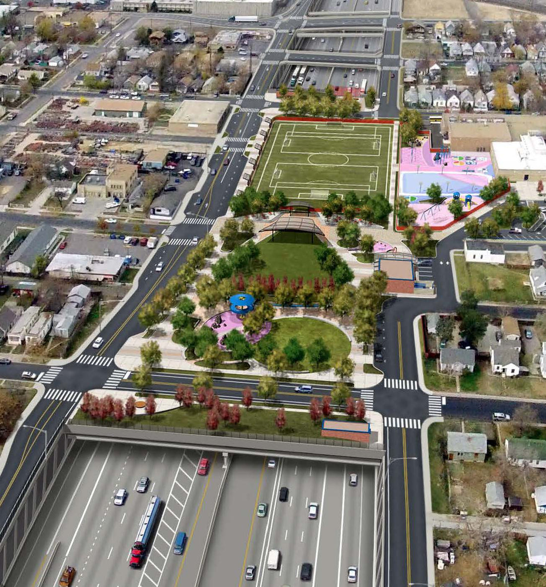 Rendering of 4 acre park on top of I-70